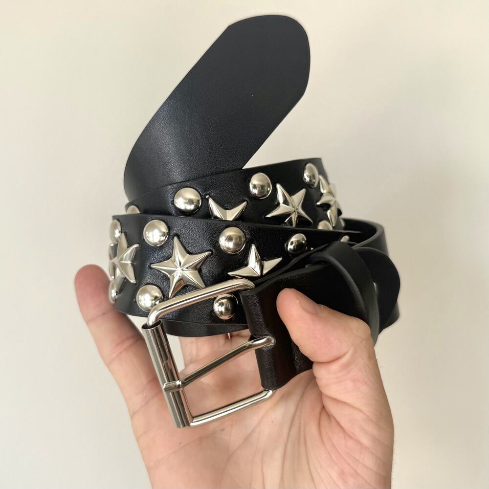 Y2K Black Silver Star Studded Belt Unisex Goth Emo Style 44" Long - Picture 2 of 16